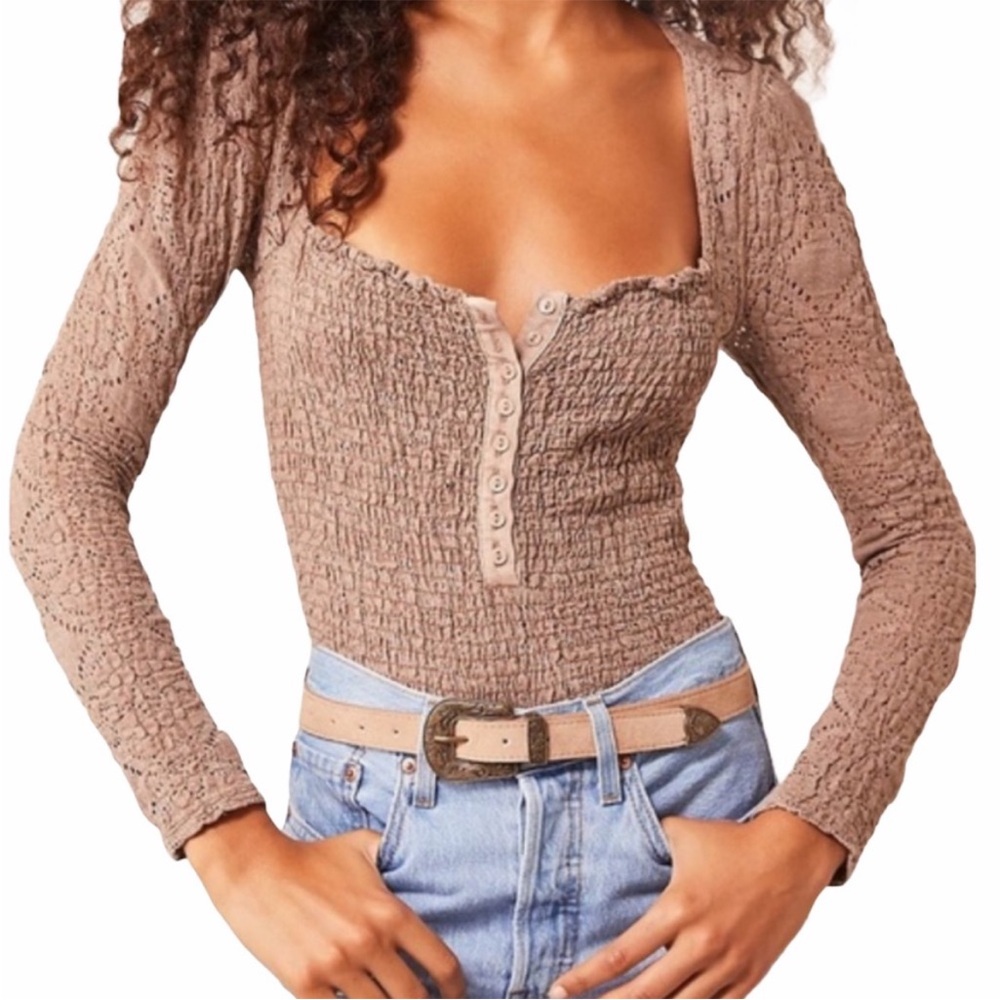 Free People Gray Smocked Fitted Blouse